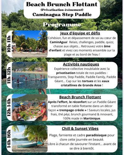 Beach brunch flottant en Martinique à Grande Anse avec paddles, brunch sur l’eau et expérience insolite Caminagua